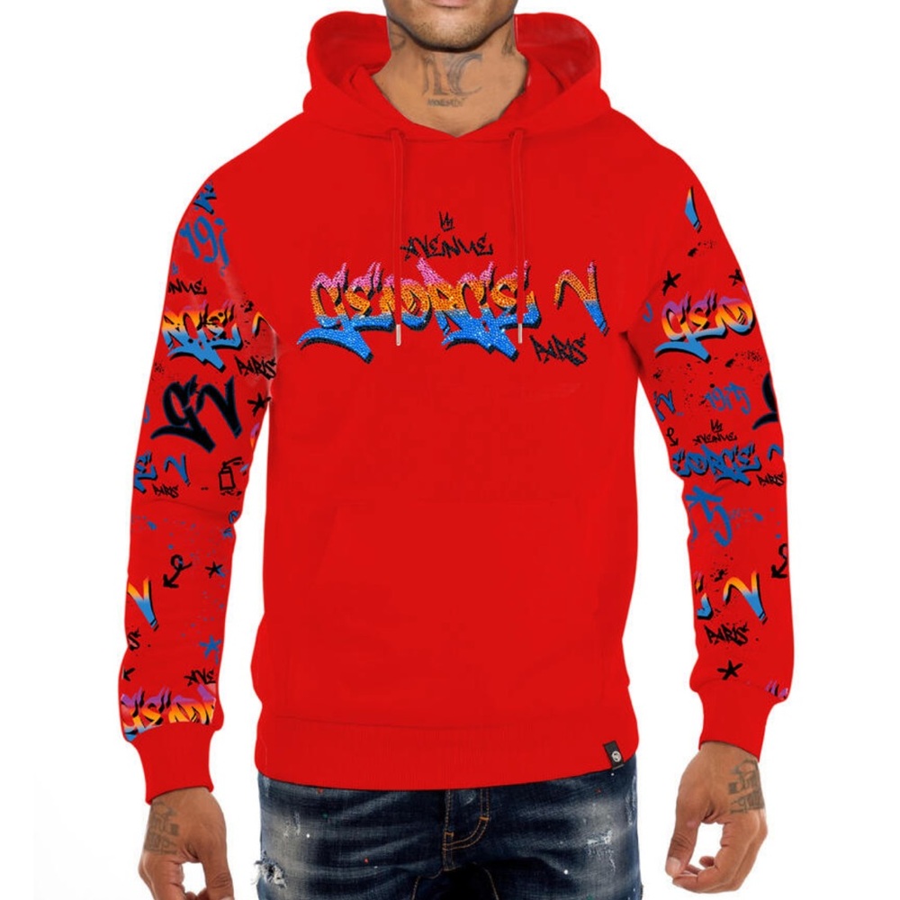 George V Designer Red Graphic Rhinestone Diamond Hoodie